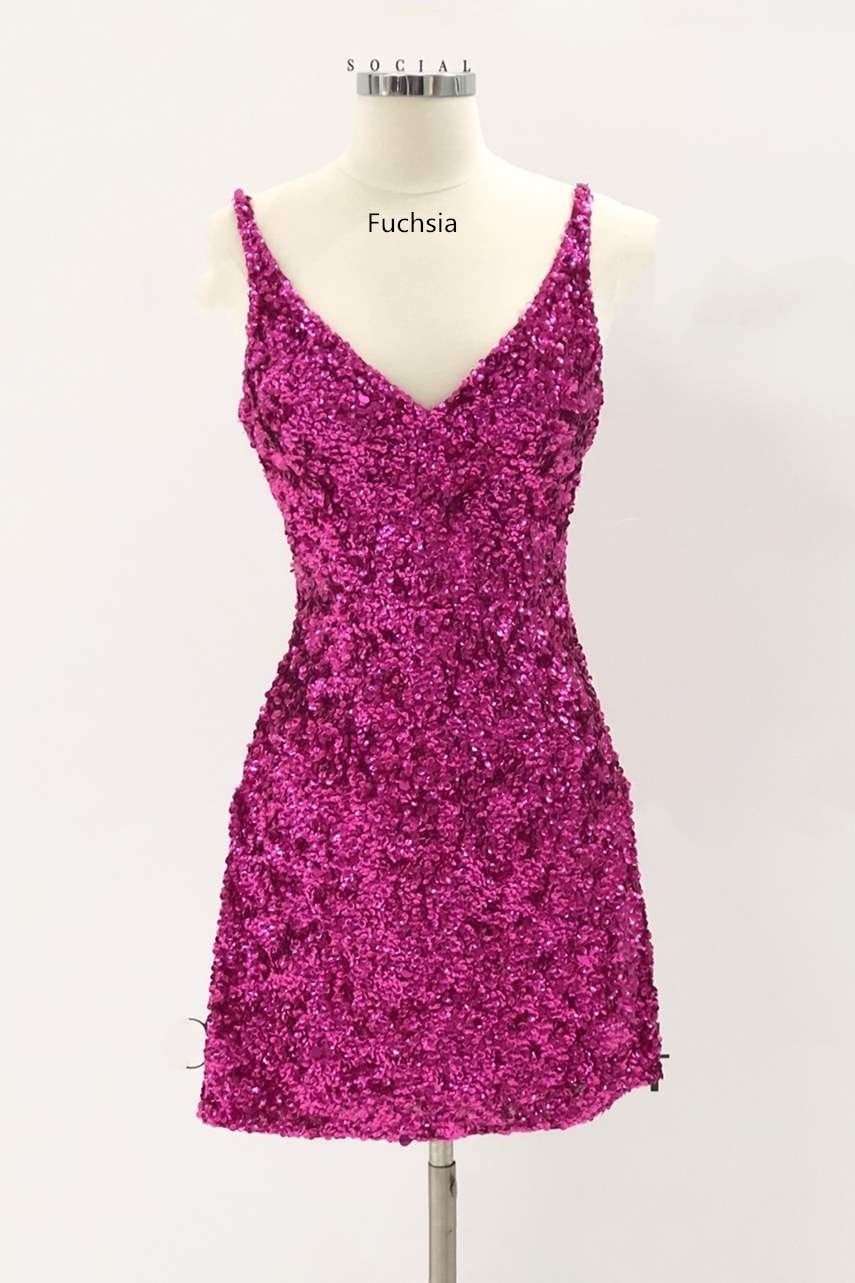 Fuchsia Sequins Tight Mini Homecoming Dress - VelvetHem