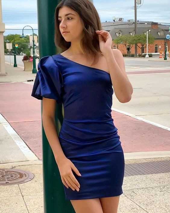 One Shoulder Navy Blue Tight Homecoming Dress with Short Sleeves - VelvetHem