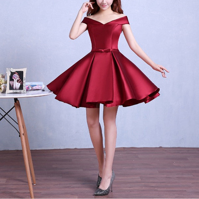 Burgundy homecoming dress,off the shoulder short cocktail dress,satin gowns - VelvetHem