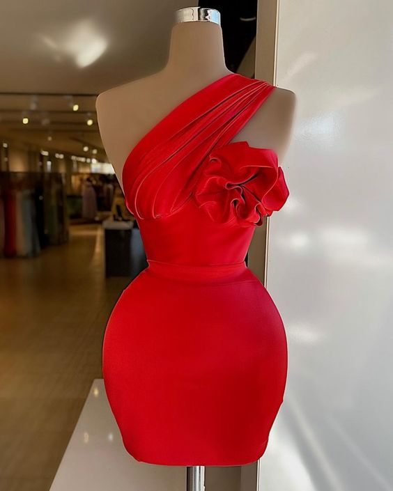 One shoulder red elastic satin homecoming dress sexy party dress - VelvetHem
