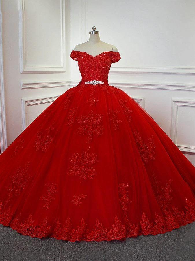 Red Long Princess Off the Shoulder Tulle Lace Wedding Dresses (ZD15877) - VelvetHem