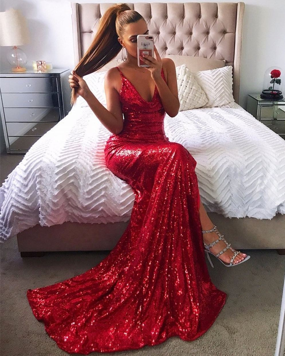 Red Long V-neck Sequin Backless Mermaid Prom Dress with Slit - VelvetHem