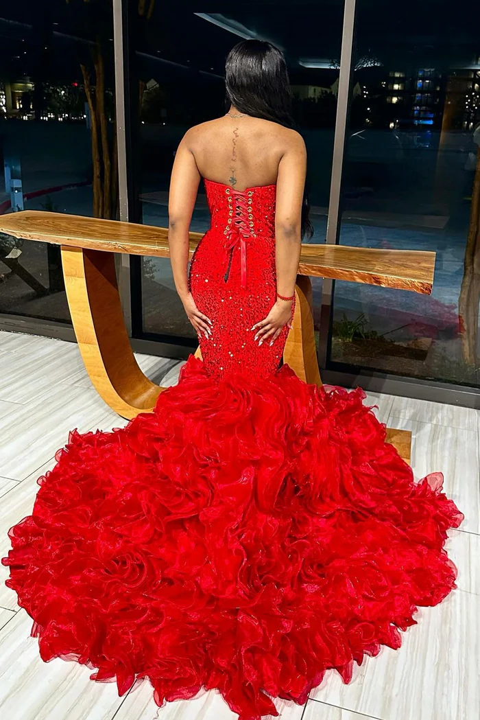 Gorgeous Red V-neck Strapless Ruffles Mermaid Sleeveless Prom Dresses