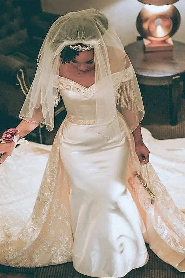 Retro Off-the-Shoulder Mermaid Wedding Dress with Overskirt (ZD13819) - VelvetHem