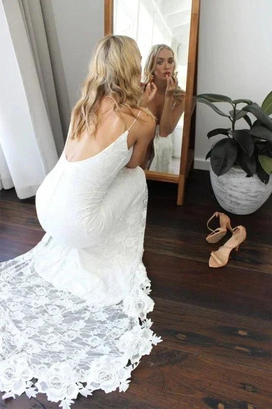 Romantic Boho Deep U Neck Backless Lace Pretty Mermaid Elegant Wedding Dresses (ZD14730) - VelvetHem