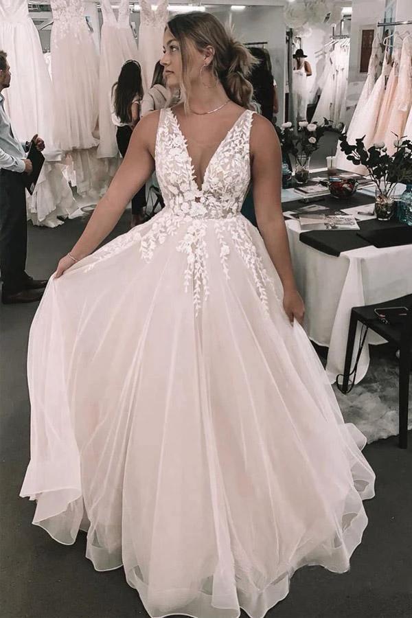 Romantic Deep V Neckline Floral Appliqued Bridal Gown Wedding Dress (ZD15306) - VelvetHem