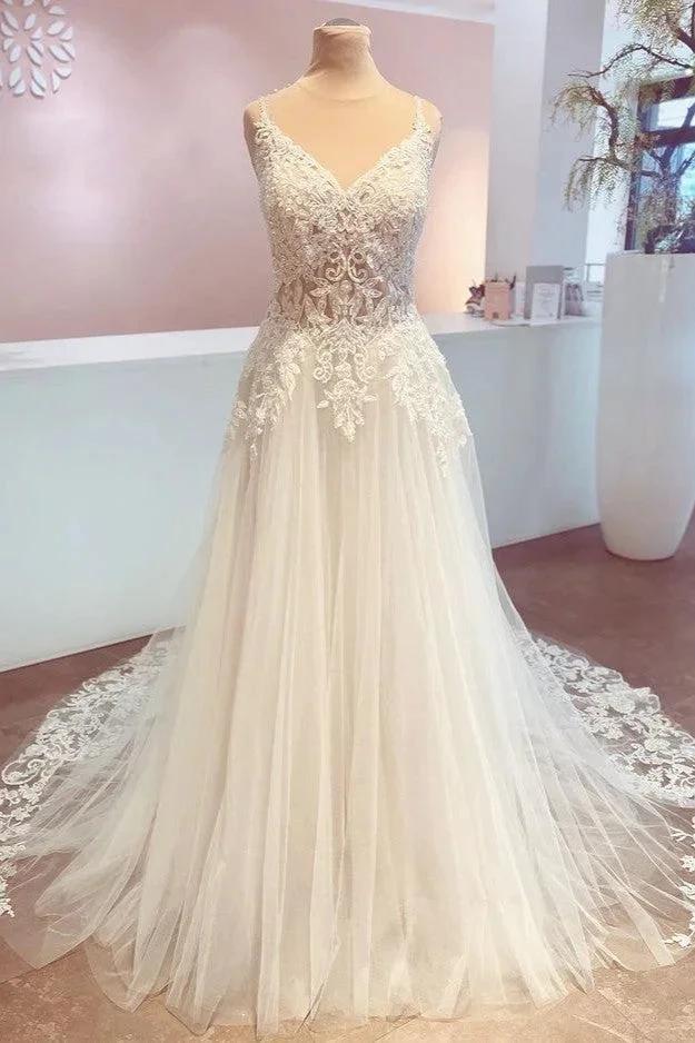 Romantic Long A-Line Spaghetti Straps Appliques Lace Backless Wedding Dress (ZD15206) - VelvetHem