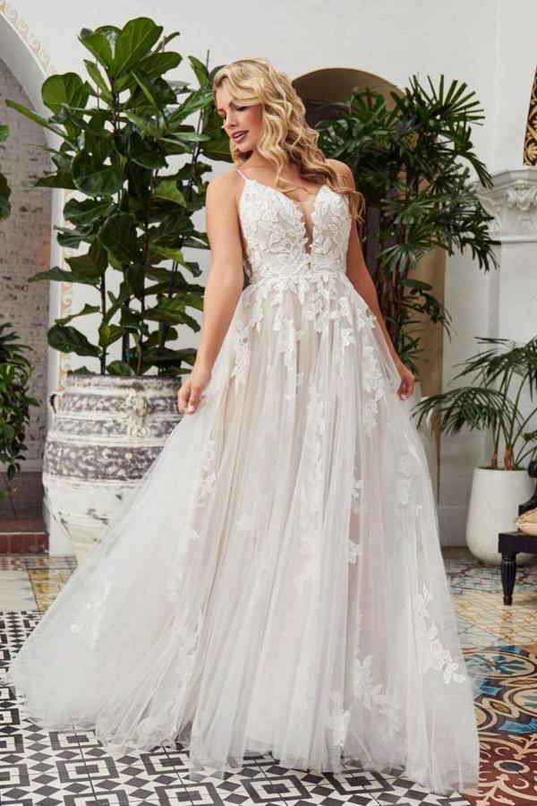 Romantic Long A-line V-neck Lace Tulle Lace Open Back Wedding Dress (ZD15027) - VelvetHem