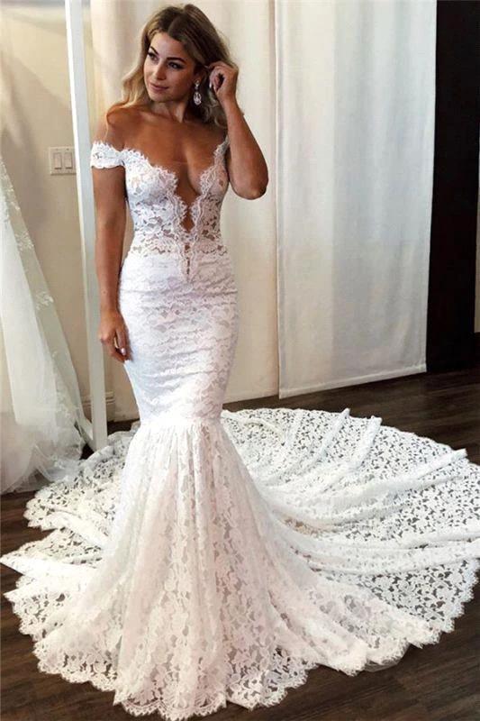 Romantic Long Off the Shoulder Appliques Lace Mermaid Wedding Dress (ZD14323) - VelvetHem