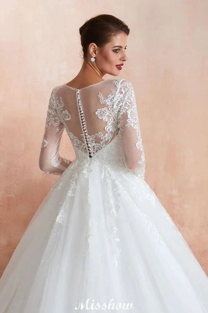 Romantic Long Sleeve Lace Ball Gown Tulle Fully Covered Buttons Aline Wedding Dress with Court Train (ZD13972)