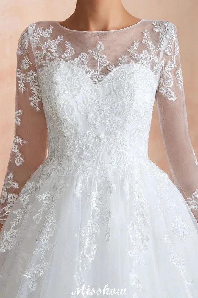 Romantic Long Sleeve Lace Ball Gown Tulle Fully Covered Buttons Aline Wedding Dress with Court Train (ZD13972)