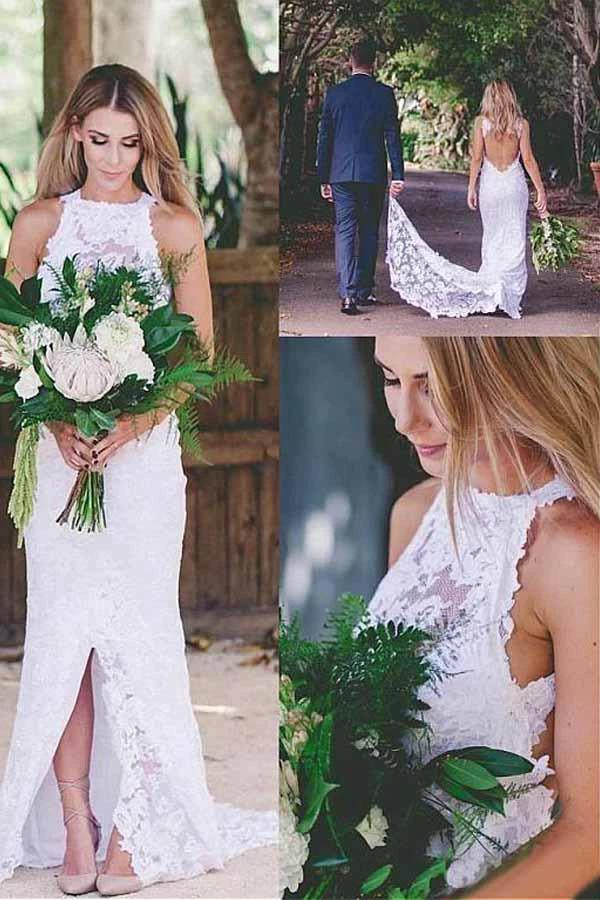 Romantic Sexy Front Split Open Back Sleeveless Lace Wedding Dresses with Train (ZD15439) - VelvetHem