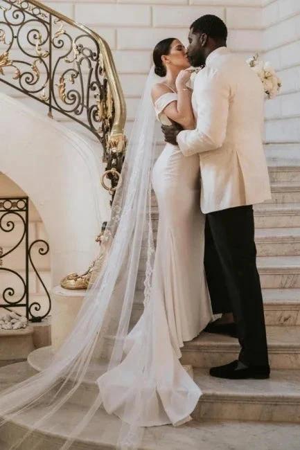 Romantic spaghetti straps cap sleeves mermaid satin Wedding dress (ZD14849)