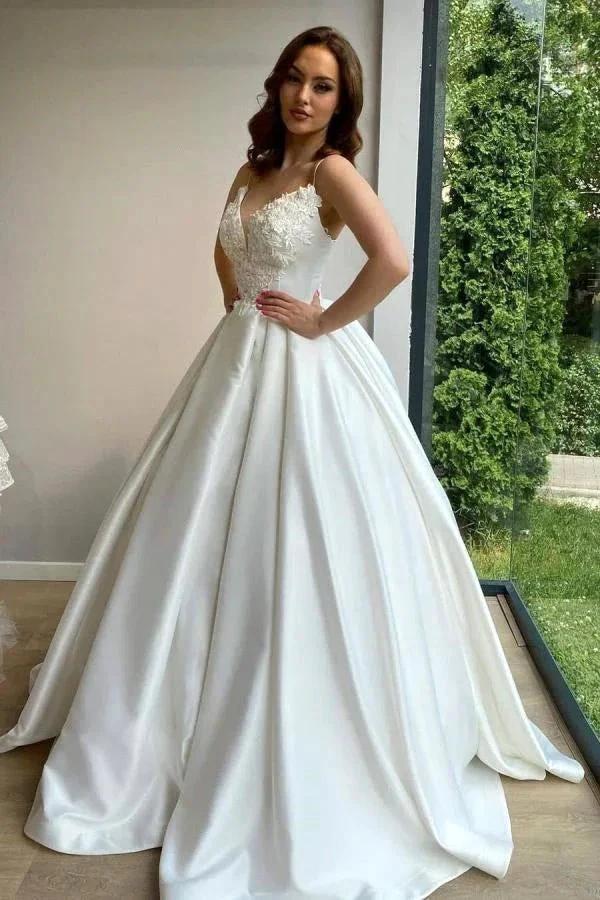 Romantic Spaghetti Straps White Lace Appliques Aline Wedding Dress Sleeveless Bridal Dress with Train (ZD14702) - VelvetHem