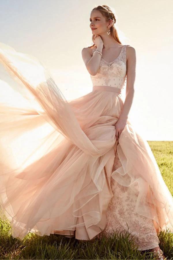 Romantic V Neck Blush Pink Lace Wedding Dresses Detachable Skirt Bridal Dresses (ZD15437) - VelvetHem