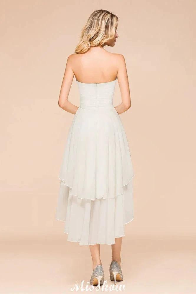 Romantic White/Ivory Sweetheart Hi-Lo Bridesmaid Dress Sleeveless Beach Wedding Guest Dress (ZD12949)