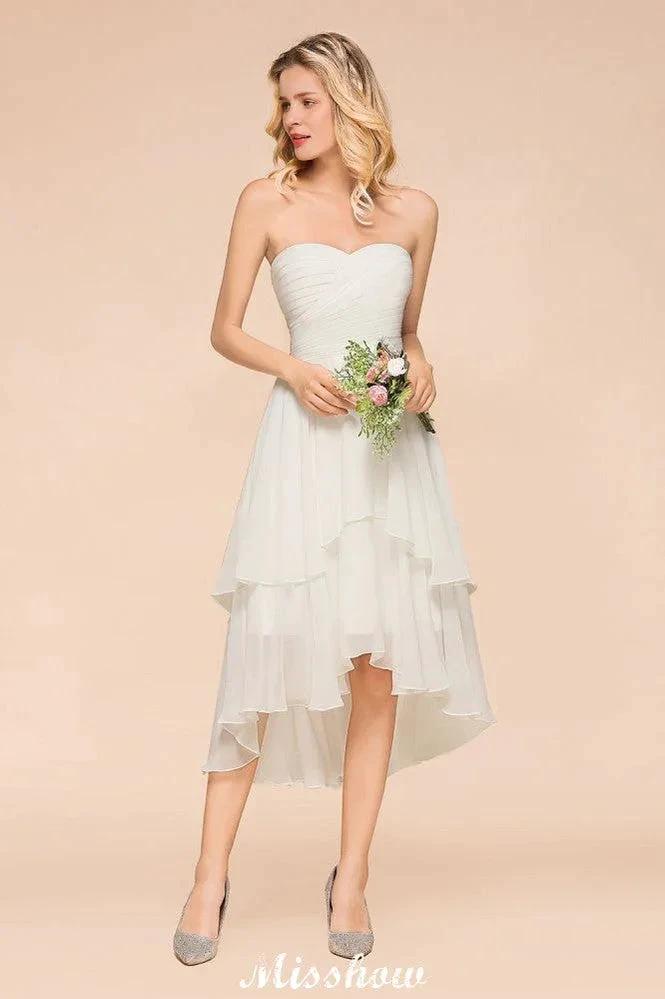 Romantic White/Ivory Sweetheart Hi-Lo Bridesmaid Dress Sleeveless Beach Wedding Guest Dress (ZD12949)