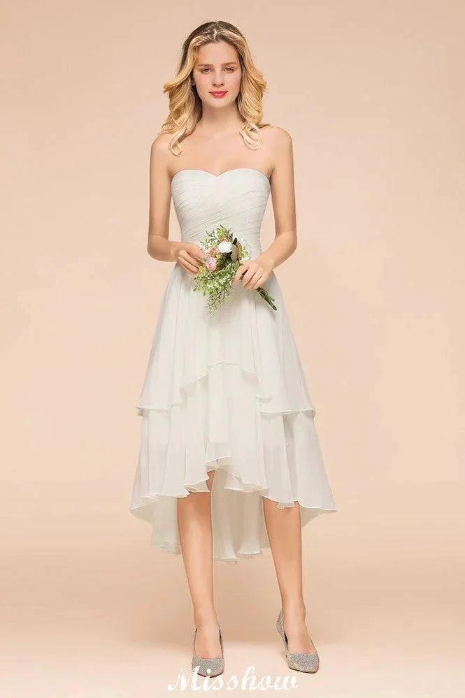 Romantic White/Ivory Sweetheart Hi-Lo Bridesmaid Dress Sleeveless Beach Wedding Guest Dress (ZD12949)