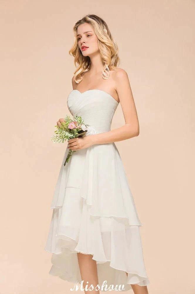 Romantic White/Ivory Sweetheart Hi-Lo Bridesmaid Dress Sleeveless Beach Wedding Guest Dress (ZD12949)