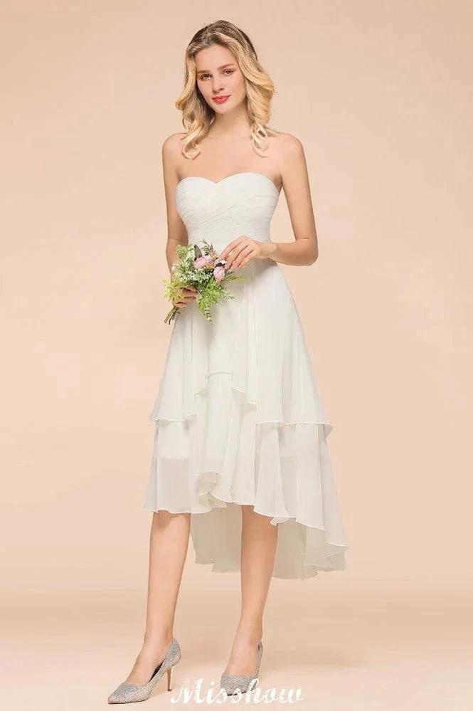 Romantic White/Ivory Sweetheart Hi-Lo Bridesmaid Dress Sleeveless Beach Wedding Guest Dress (ZD12949)