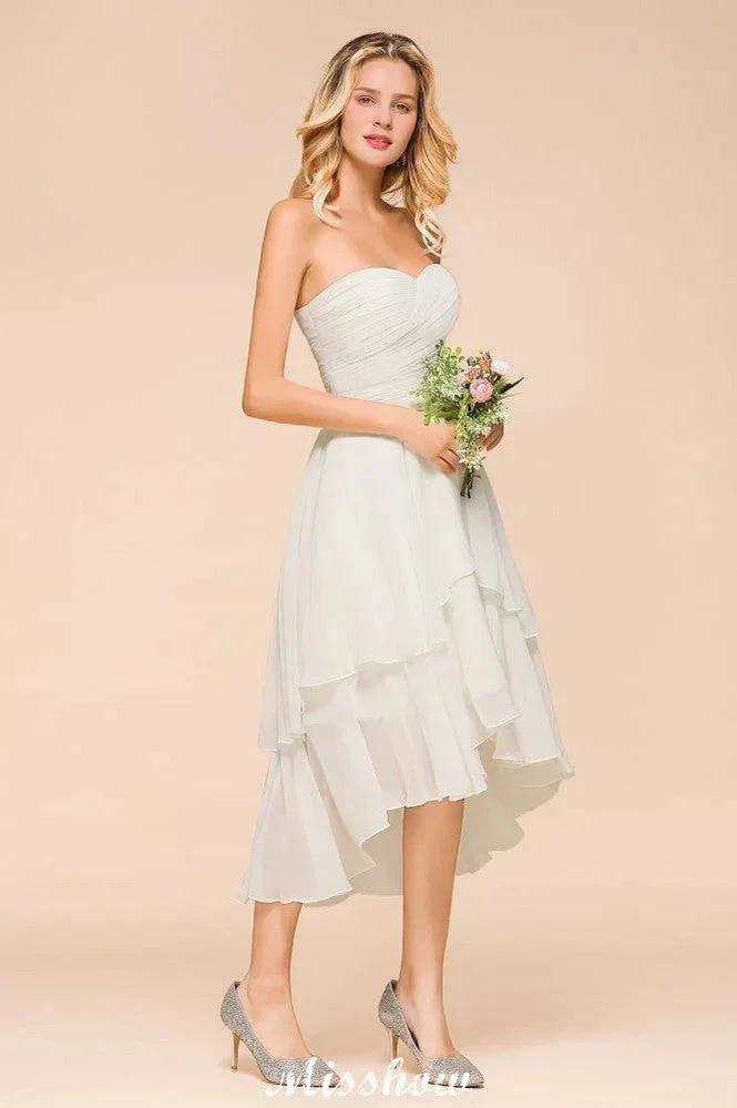 Romantic White/Ivory Sweetheart Hi-Lo Bridesmaid Dress Sleeveless Beach Wedding Guest Dress (ZD12949)