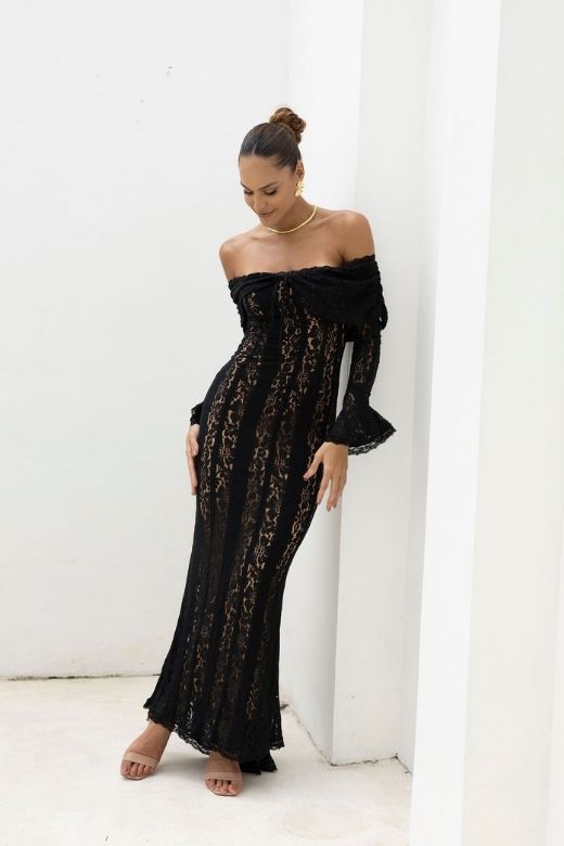 Rose Long Sleeve Bodycon Maxi Dress - Classic Black