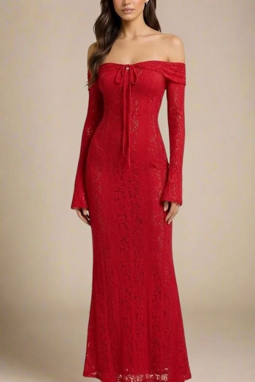 Rose Long Sleeve Bodycon Maxi Dress - Lipstick Red