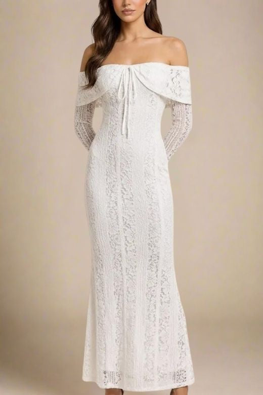Rose Long Sleeve Bodycon Maxi Dress - White Pearl