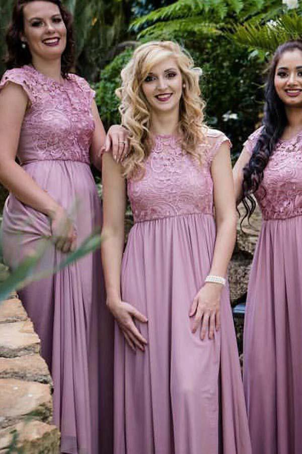 Round Neck Cap Sleeves Chiffon Bridesmaid Dress with Lace (ZD13226) - VelvetHem