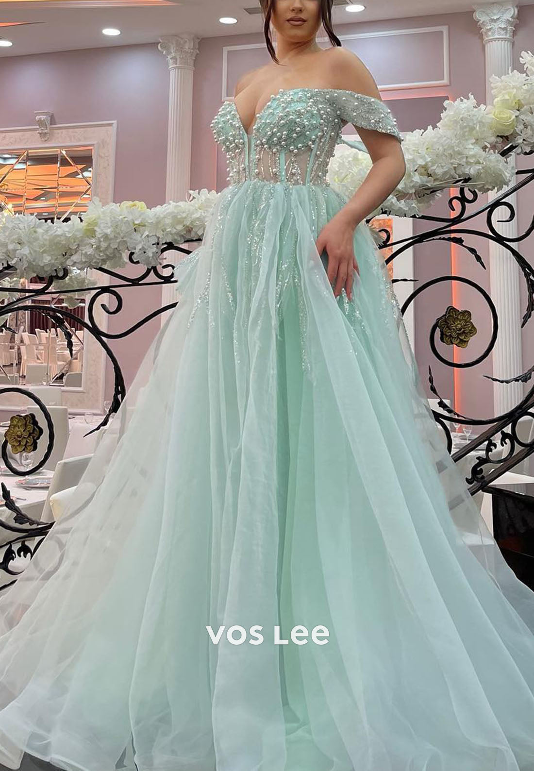 Green Off Shoulder Beading Pearls Sequins A-line Prom Dress Floor Length Formal Dresses