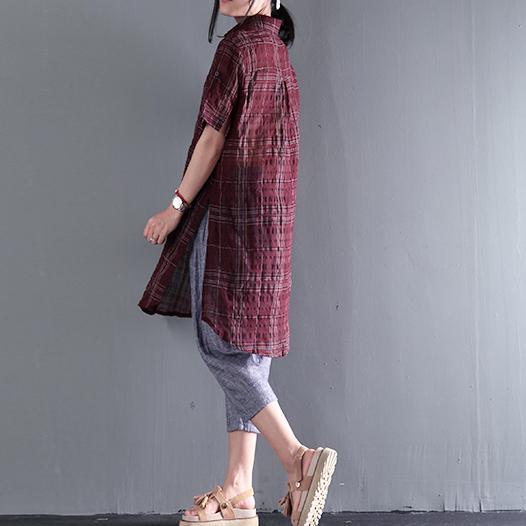 ruby red linen sundress short sleeve plaid causal summer dress shirt