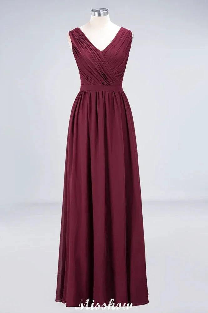 Ruffle A-Line Floor-Length Bridesmaid Dress Chiffon Lace V-Neck Evening Dress (ZD12908)