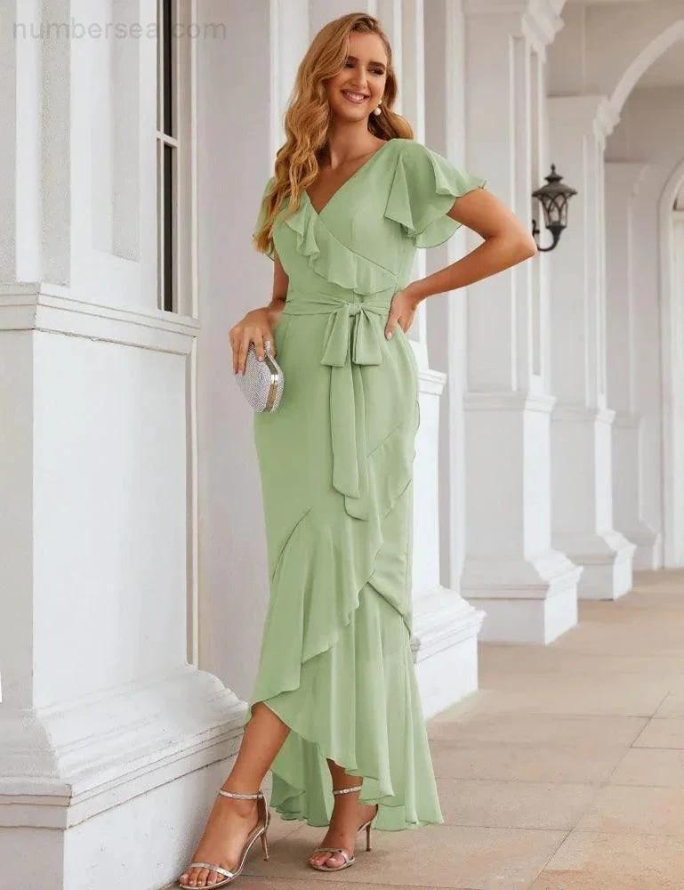 Ruffled Bridesmaid Dresses Maxi Long Women Chiffon Mermaid Formal Violin Evening Party Prom Gowns (ZD17031)
