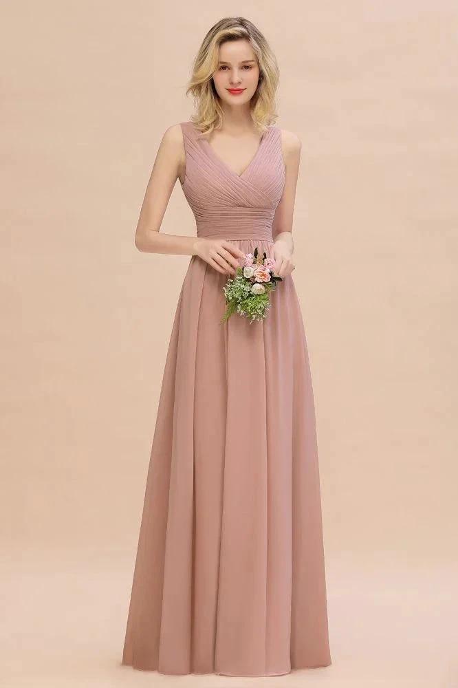 Ruffles V-Neck A-line Dusty Pink Bridesmaid Dresses | Sleeveless Floor-Length Evening Dresses (ZD13151)