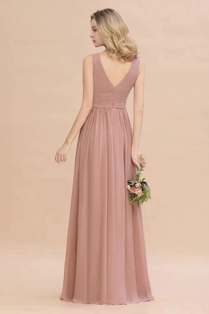 Ruffles V-Neck A-line Dusty Pink Bridesmaid Dresses | Sleeveless Floor-Length Evening Dresses (ZD13151)