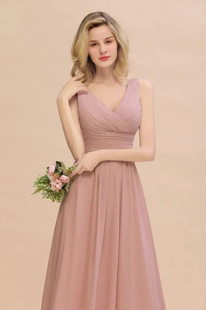 Ruffles V-Neck A-line Dusty Pink Bridesmaid Dresses | Sleeveless Floor-Length Evening Dresses (ZD13151)
