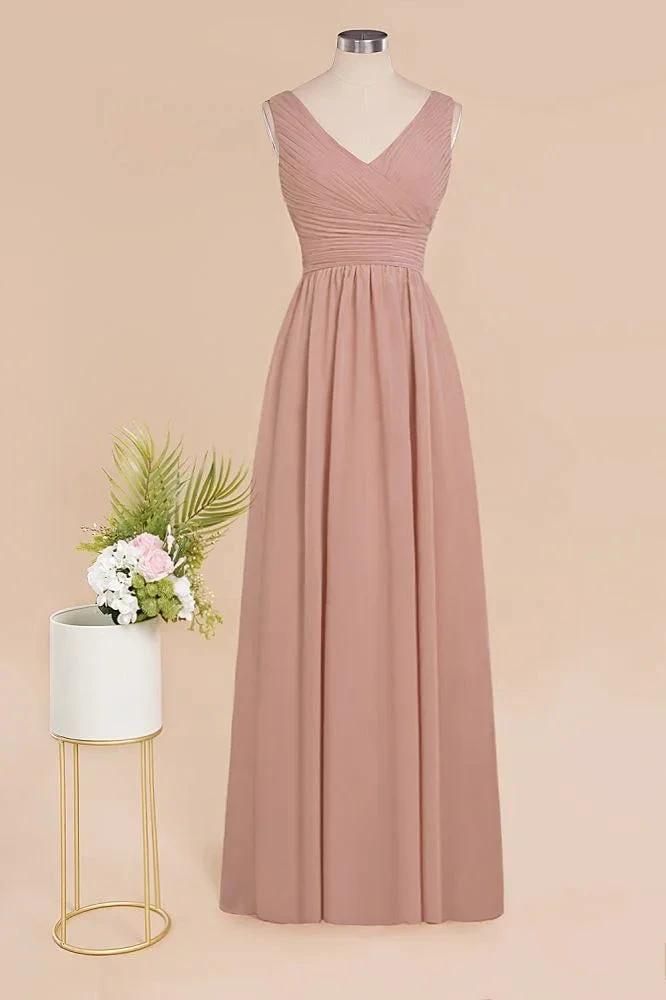 Ruffles V-Neck A-line Dusty Pink Bridesmaid Dresses | Sleeveless Floor-Length Evening Dresses (ZD13151)