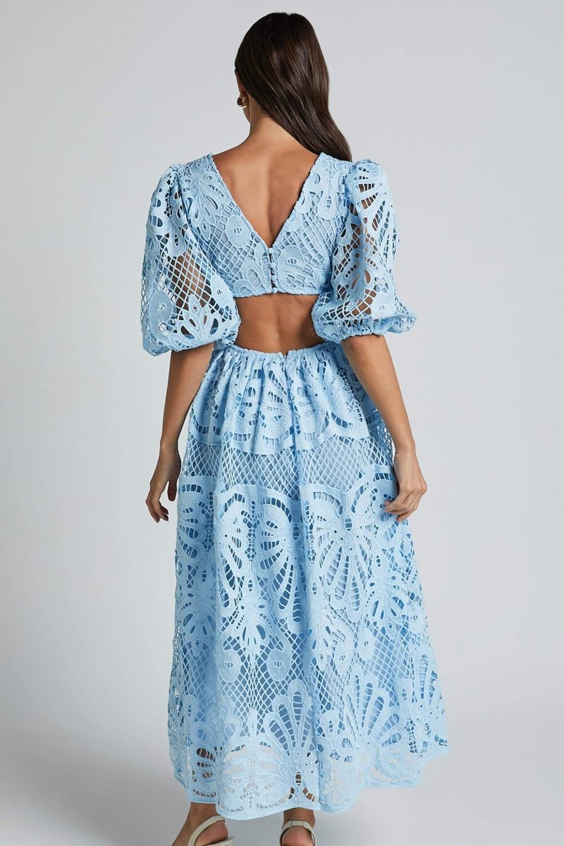 Susana Aesthetic Midi Dress with Cut Outs and Lace Embroidery Designer Edit