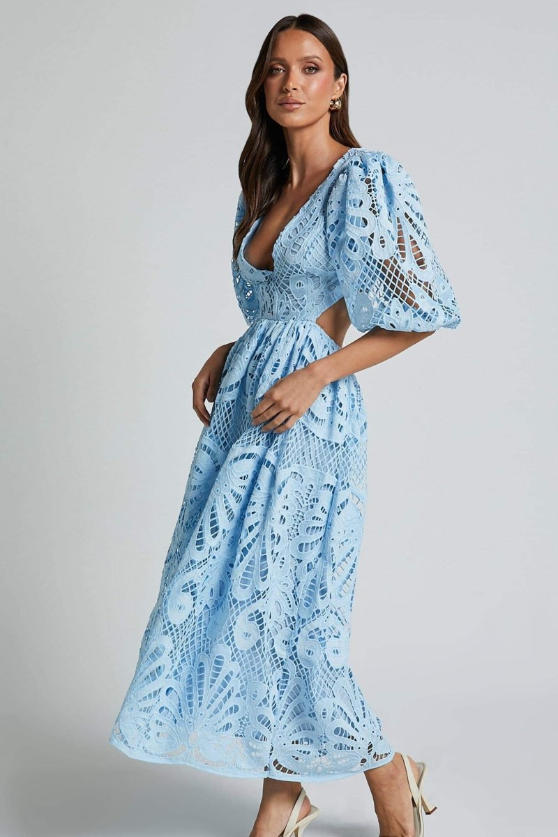 Katia Aesthetic Midi Dress with Embroidered Lace and Cutouts Elevated Occasion Wear