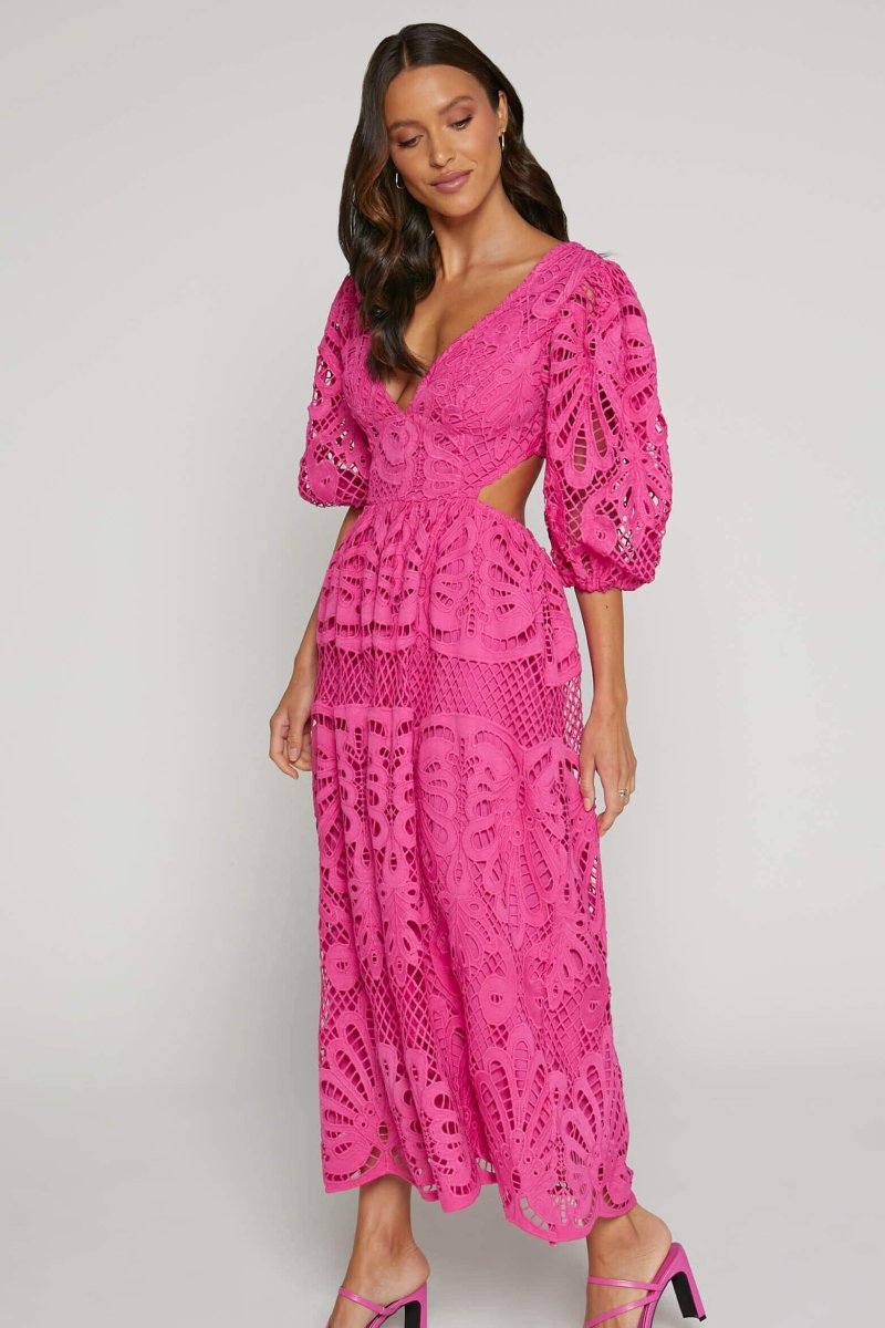 Susana Aesthetic Midi Dress with Cut Outs and Lace Embroidery Designer Edit