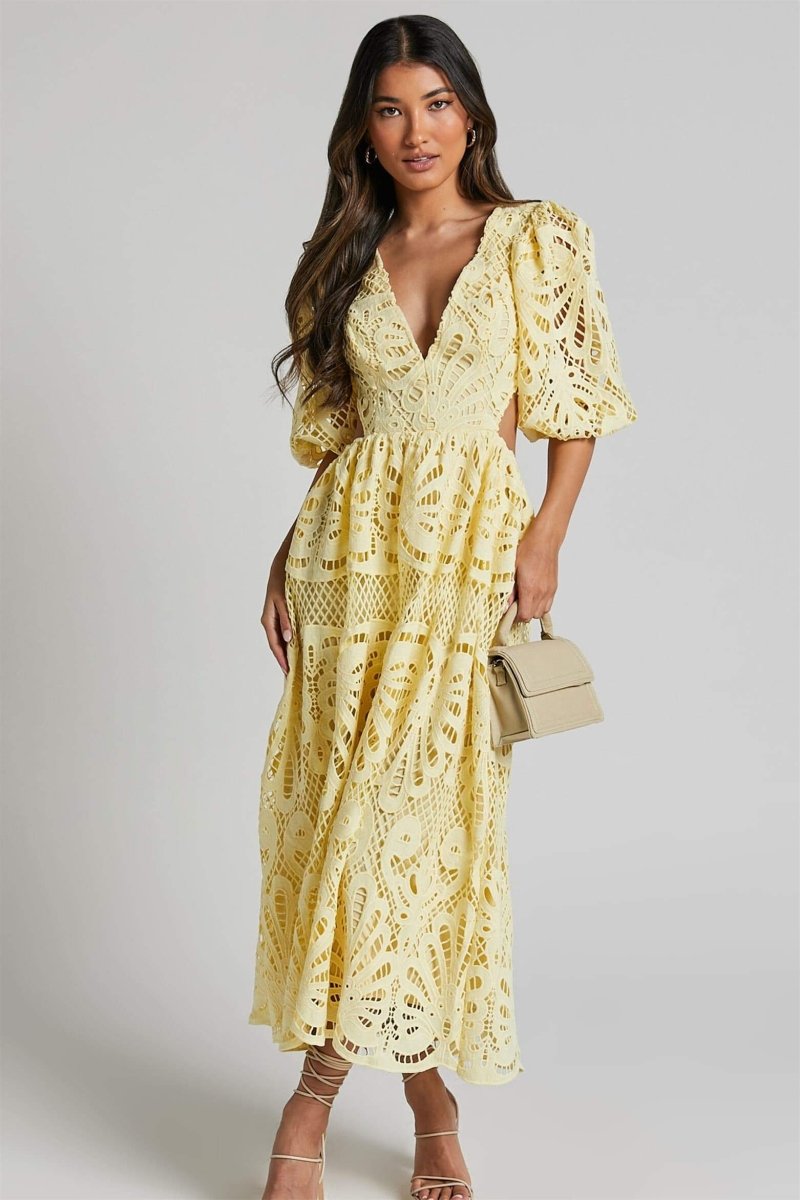 Susana Aesthetic Midi Dress with Cut Outs and Lace Embroidery Designer Edit