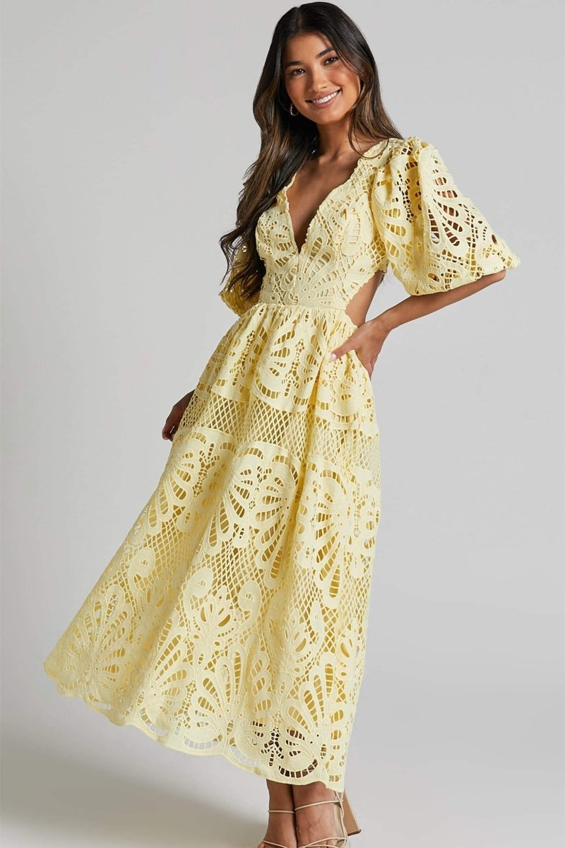 Susana Aesthetic Midi Dress with Cut Outs and Lace Embroidery Designer Edit