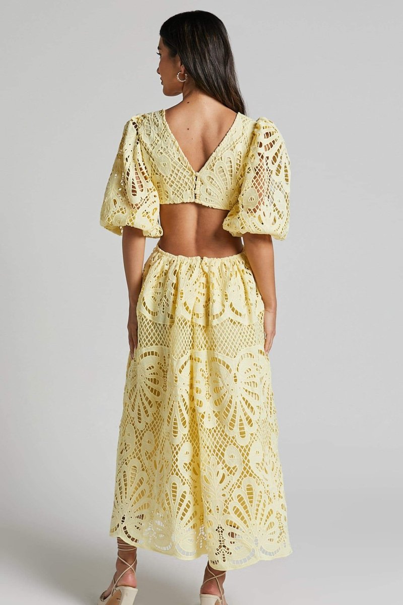 Katia Aesthetic Midi Dress with Embroidered Lace and Cutouts Elevated Occasion Wear