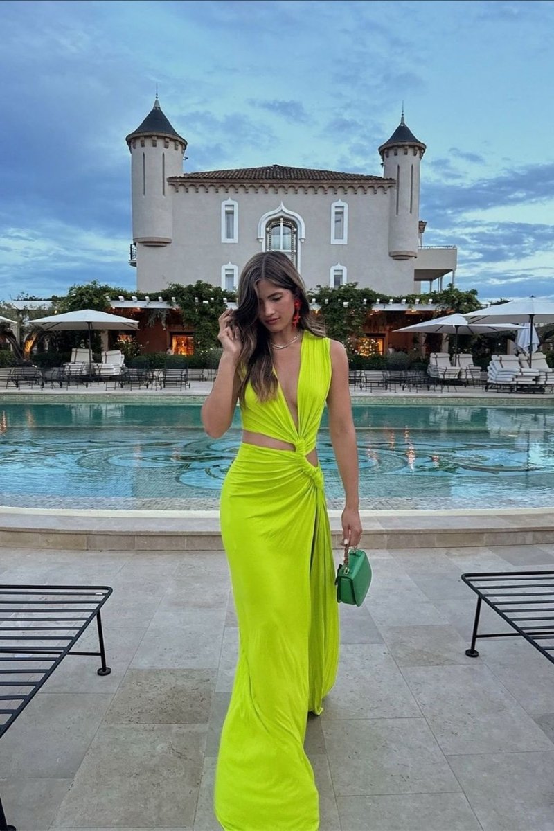 Marcia Chic Maxi Dress with V Neck and High Slit Silhouette Collection