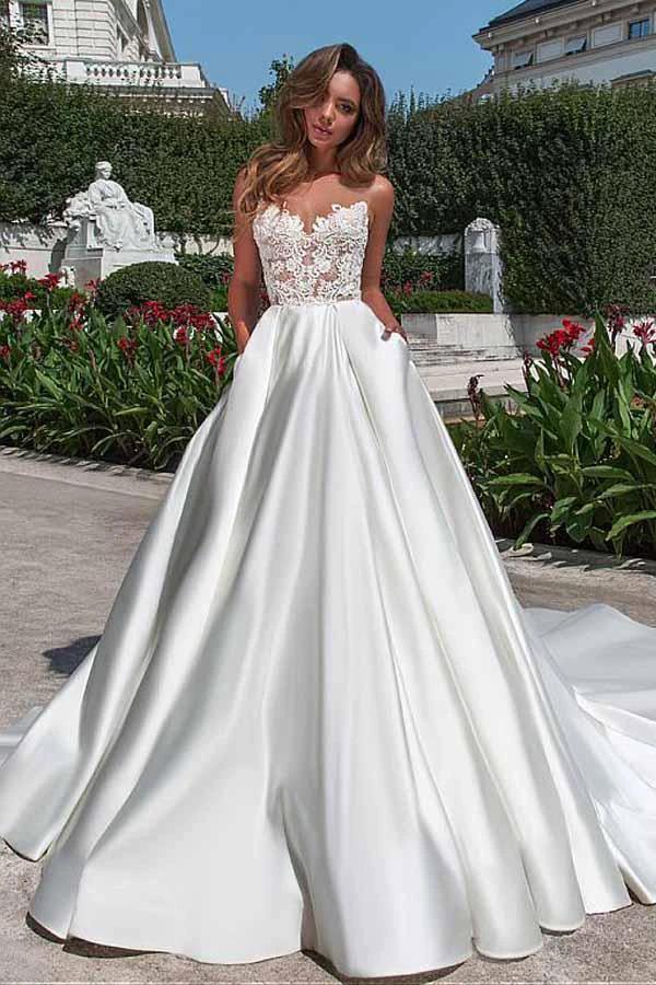 Satin Neckline A-line Wedding Dress With Pockets Lace Appliques (ZD16349) - VelvetHem