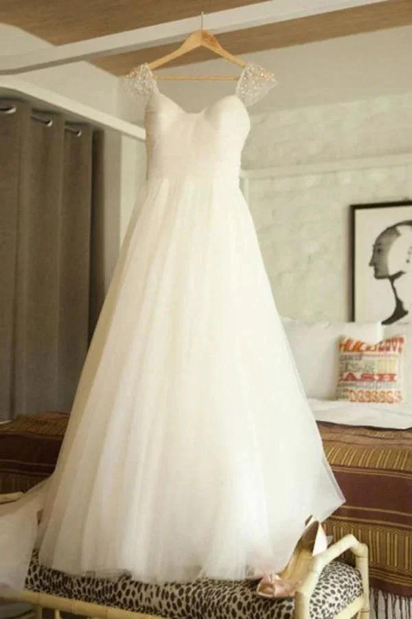 Scoop Cap Sleeves Sweep Train Beading Pleated Wedding Dress with Beading (ZD15436) - VelvetHem