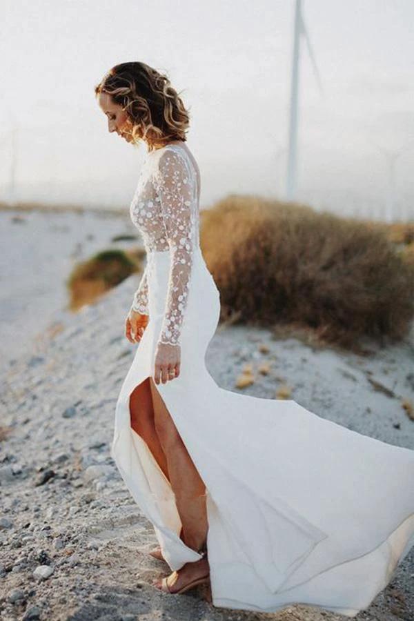Scoop Neck Open Back Lace Long Sleeves Wedding Dresses with Split (ZD15300)