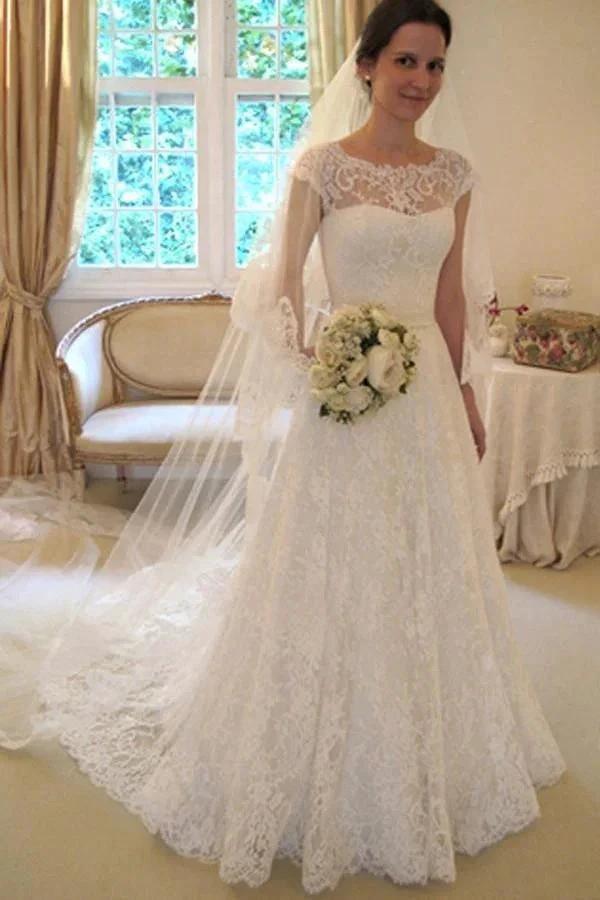 Scoop Neck Short Sleeve A-Line Lace Wedding Dress (ZD15434) - VelvetHem