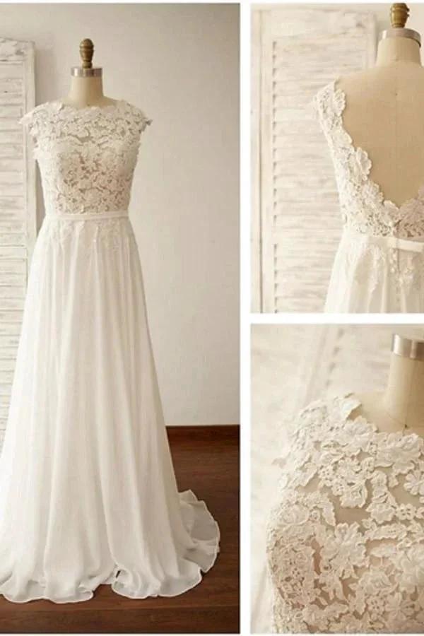 Scoop Neck V-Back Lace A-Line Cap Sleeve Wedding Dress (ZD16050) - VelvetHem