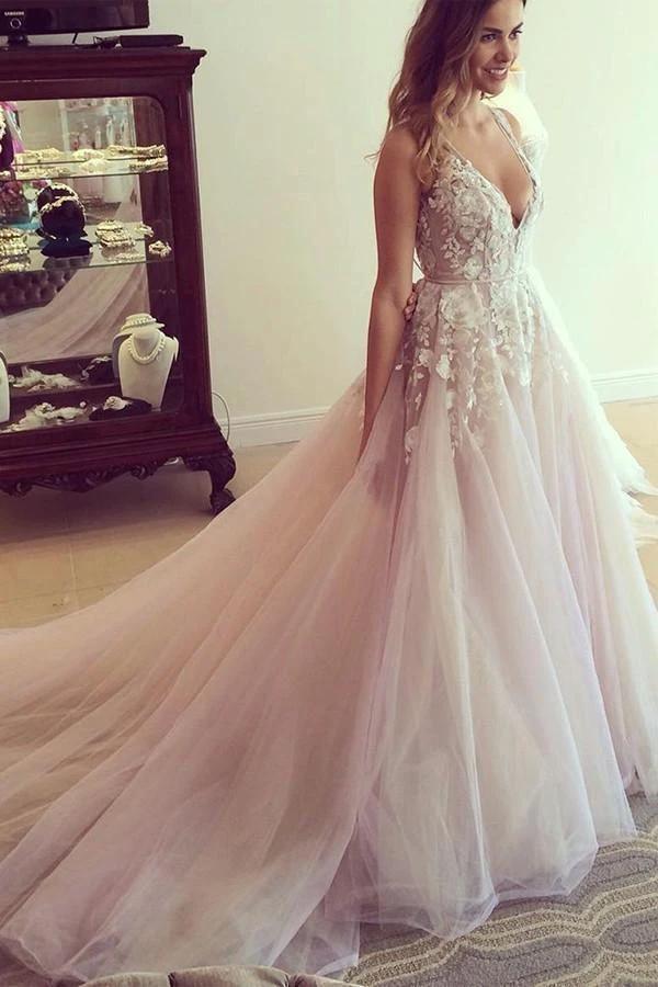 Scoop V-neck Long Wedding Dress/Prom Dress with Appliques (ZD16305) - VelvetHem